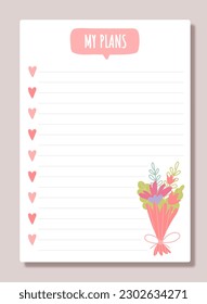Notebook sheet concept. Paper with bouquet of flowers and inscription my goals. To do list, memo and planning, organizer. Organization of efficient study process. Cartoon flat vector illustration