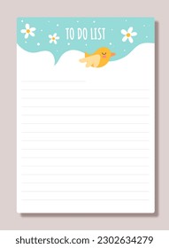 Notebook sheet concept. Paper with chick and inscription to do list. Memo, diary, organizer and planner. Time management and motivation, planning. Cartoon flat vector illustration