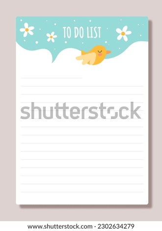 Notebook sheet concept. Paper with chick and inscription to do list. Memo, diary, organizer and planner. Time management and motivation, planning. Cartoon flat vector illustration