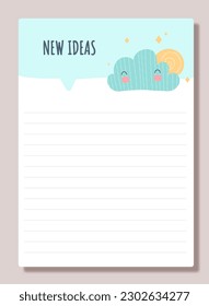 Notebook sheet concept. Paper with cloud and inscription new ideas. Organization of effective work and study process, time management. Memo and diary. Cartoon flat vector illustration