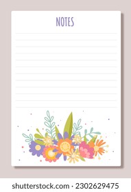 Notebook sheet concept. Place for notes with bouquet of spring and summer flowers. Memo, diary and to do list. Time management and organization of efficient workflow. Cartoon flat vector illustration