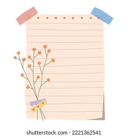 Notebook sheet with dried flower, washi tape. Hand drawn vector illustration. Isolated on white background