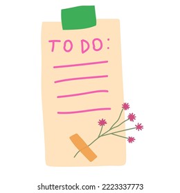 Notebook sheet with dried flower, washi tape. Hand drawn vector illustration. Isolated on white background