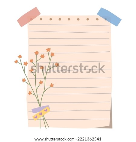 Notebook sheet with dried flower, washi tape. Hand drawn vector illustration. Isolated on white background