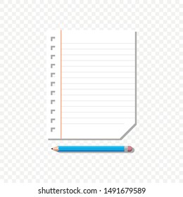 Notebook sheet in a line with a simple pencil on an isolated background.