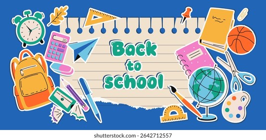 Notebook Sheet on a blue background. Back to school. Stickers of School Supplies,  Notebook, Globe, Eraser, Book, Palette, Alarm clock, Pencil. Vector isolated on white