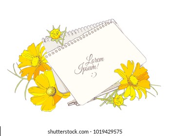 notebook, sheet of paper, pen and bright flowers bouquet on the table, vector template blank for congratulations