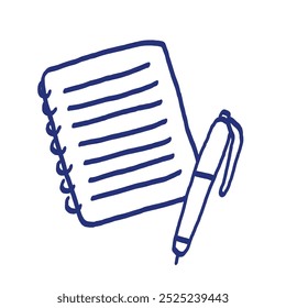 Notebook sheet with pen sketch. Podcast item. Hand drawn vector icon. Blue pen or marker drawing. Primitive kids picture