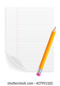 Notebook sheet and pencil on a white background.