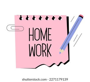 Notebook sheet with pencil sticker template. Modern learning concept. Icon or badge. Vector illustration isolated on white background. Editable stroke.