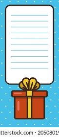 Notebook sheet with presentbox icon. Vector template for banner,note, sticker, label, tag.Colorful illustration in flat style.