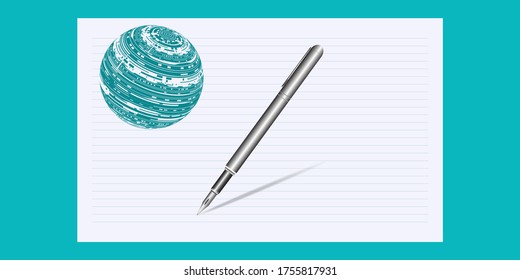 Notebook sheet in a ruler, fountain pen, ball with technology symbols - vector. Banner. Back to school.