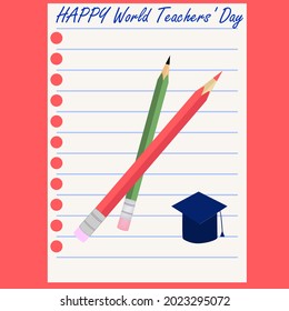 Notebook sheet in a ruler, two colored pencils - vector. Education concept. Happy World Teachers Day. Back to school.