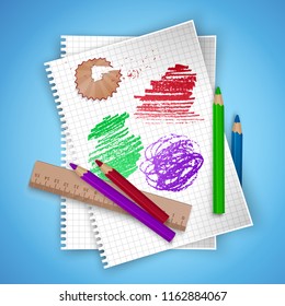 Notebook sheet and school supplies on colorful bright background, stationery postcard back to school. Vector illustration