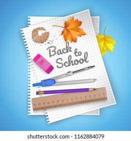 Notebook sheet and school supplies on colorful bright background, stationery postcard back to school. Vector illustration