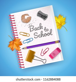 Notebook sheet and school supplies on colorful bright background, stationery postcard back to school. Vector illustration