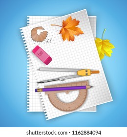 Notebook sheet and school supplies on colorful bright background, stationery postcard back to school. Vector illustration