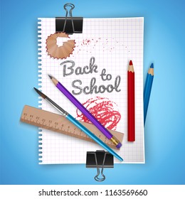Notebook sheet and school supplies on colorful bright background, stationery postcard back to school. Vector illustration