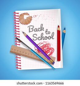 Notebook sheet and school supplies on colorful bright background, stationery postcard back to school. Vector illustration