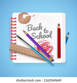Notebook sheet and school supplies on colorful bright background, stationery postcard back to school. Vector illustration