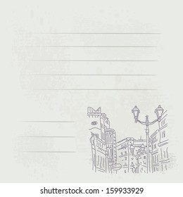 A notebook sheet  with a sketch of a town.