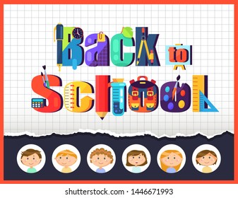Notebook sheet and stationery, pupils children, back to school vector. Pencil and clipper, plant leaf and divider, easel and brush, calculator and flask, schoolboy and schoolgirl