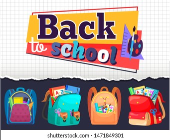 Notebook sheet and stationery, schoolbags or rucksacks, back to school vector. Paintbrush and palette, ruler and pencil, book and copybook, backpacks. Back to school concept. Flat cartoon