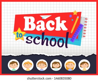 Notebook sheet and stationery, stiker with text back to school. Children or pupils, girls and boys, ruler and pencil, paper plane and notepad, primary education. Back to school concept. Flat cartoon