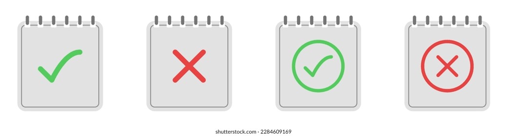 Notebook sheet vector icon. A set of letters with a check mark and a cross on them. Vector voting icons. Vector set of icons for confirmation or denial.