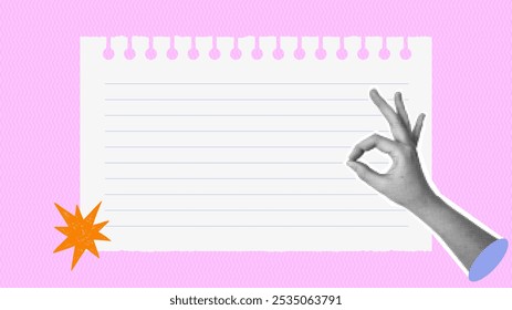 Folhas de notebook com mão de meio-tom. Peças vetoriais na moda. Sinais de gesto. Formulários modernos para cartão, impressão em roupas. Colagem criativa.