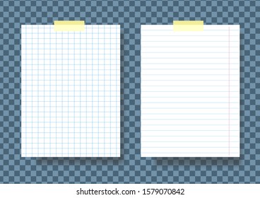 Notebook sheets isolate .Checkered paper and ruler .School exercise book .Vector illustration.