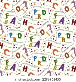 Notebook sheets with letters.Vector seamless pattern with colorful letters on notebook papers.