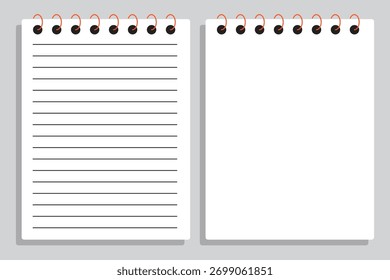 Notebook sheets lined and squared. Blank sheets of paper for notes. Empty mock up pages of copybook. Set of Blank and Lined Notebook Pages – Black and White Interior Vector