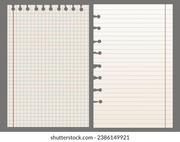 Notebook sheets of paper. Vector template for text and notes.