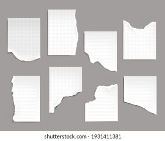 Notebook sheets with torn edges. Ragged lined and checkered blank pages for memo and daily planner empty notepad papers pieces isolated on grey background. Realistic 3d vector illustration, set