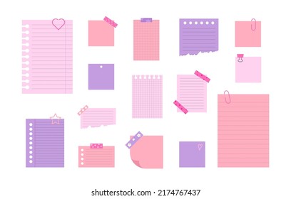 Notebook sheets in y2k style with paperclip and sticky tape. Blank sheet, note, torn paper and notepad page. Templates for a message with a note. Flat vector illustration