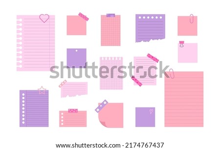 Notebook sheets in y2k style with paperclip and sticky tape. Blank sheet, note, torn paper and notepad page. Templates for a message with a note. Flat vector illustration