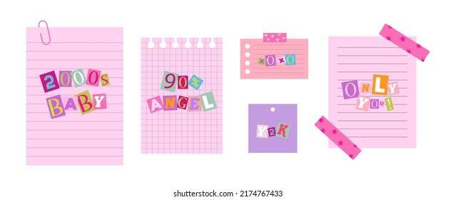 Notebook sheets in y2k style with phrases cut from magazines. Blank sheet, note, torn paper,notepad page with paperclip, push pin, duct tape and sticky tape. Flat vector illustration