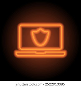 Notebook with sheild, protection simple icon vector. Flat design. Orange neon on black background.ai