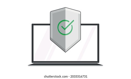 Notebook with Shield on White Screen, Security Concept, personal Access, internet and data protection, cyber security