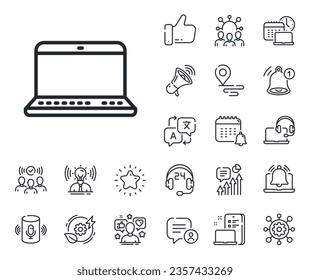 Notebook sign. Place location, technology and smart speaker outline icons. Laptop computer icon. Portable personal computer symbol. Notebook line sign. Influencer, brand ambassador icon. Vector