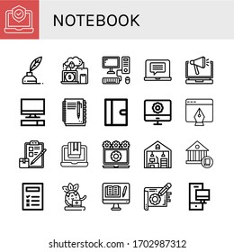 notebook simple icons set. Contains such icons as Laptop, Write, Devices, Computer, Notebook, Journal, Tablet, Checklist, Home office, School, can be used for web, mobile and logo