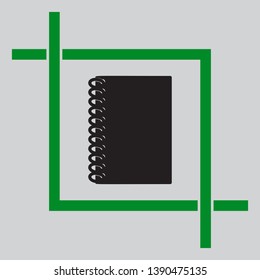 Notebook simple sign. Black icon inside green crop tool at light gray background
