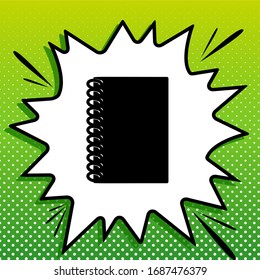 Notebook simple sign. Black Icon on white popart Splash at green background with white spots. Illustration.