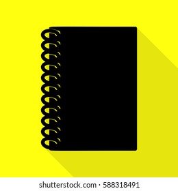 Notebook simple sign. Black icon with flat style shadow path on yellow background.