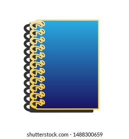 Notebook simple sign. Blue icon with gold contour with dark gray shadow at white background. Illustration.