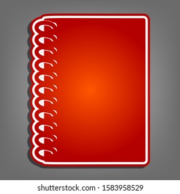 Notebook simple sign. Flat red icon with linear white icon with gray shadow at grayish background. Illustration.