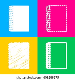 Notebook simple sign. Four styles of icon on four color squares.