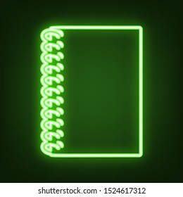 Notebook simple sign. Green neon icon in the dark. Blurred lightening. Illustration.