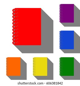 Notebook simple sign. Set of red, orange, yellow, green, blue and violet icons at white background with flat shadow.